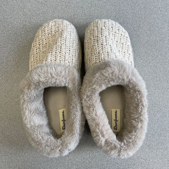 Dearfoams Women's US 9-10  Knit Clog Slippers Large Faux Fur Lined Beige - Picture 1 of 7